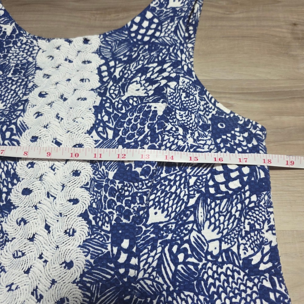 Lilly Pulitzer Shift Dress Women 8 Blue White Fish Print Crochet Lace Nautical - Picture 6 of 10